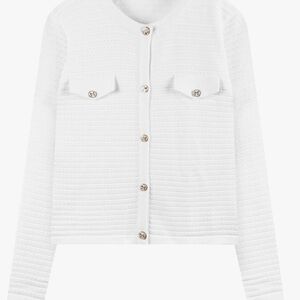 White Textured Button-Front Knit Cardigan Gold Button Detail